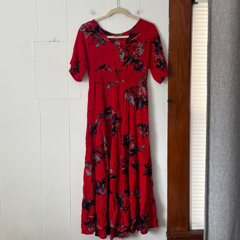 J Gee Red Floral Maxi‎ Dress Short Sleeve Smocked Waist Boho Rayon Women Medium